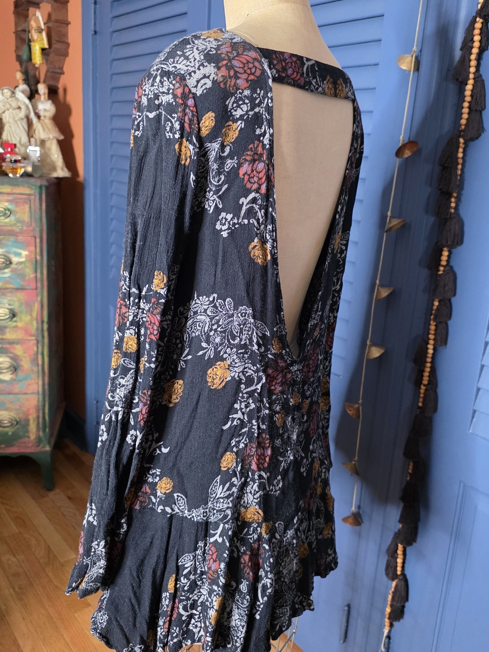 Free People Smooth Talker Tunic Mini Dress Raven Black Floral Size S Open Back - Picture 6 of 11